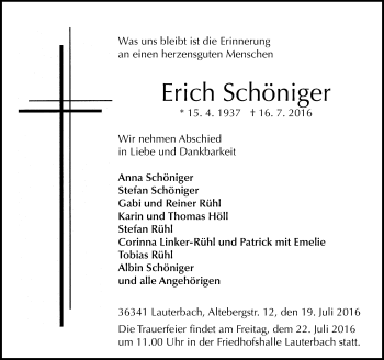 Traueranzeige von Erich Schöniger von VRM Trauer