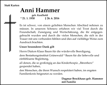 Traueranzeige von Anni Hammer von Trauerportal Rhein Main Presse Traueranzeige von Anni Hammer von Trauerportal Rhein Main Presse