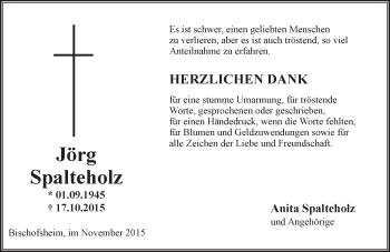 Traueranzeige von Jörg Spalteholz von  Allgemeine Zeitung Mainz