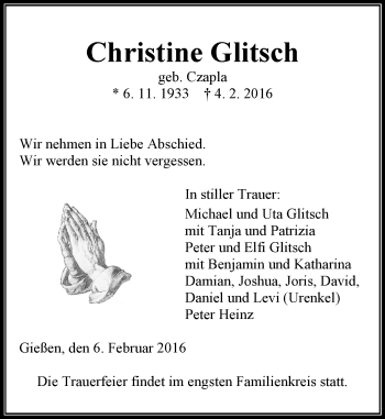 Traueranzeige von Christine Glitsch von  Gießener Anzeiger