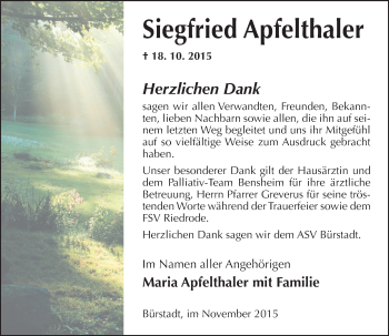 Traueranzeige von Siegfried Apfelthaler von  Bürstädter Zeitung