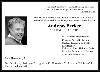 Traueranzeige von Andreas Becker von  Gießener Anzeiger