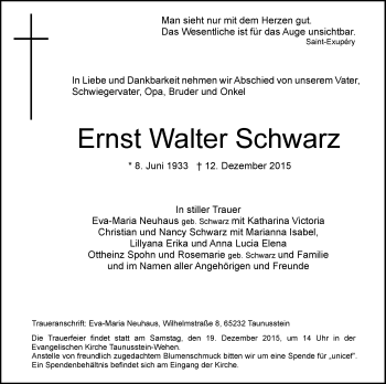 Traueranzeige von Ernst Walter Schwarz von  Wiesbaden komplett