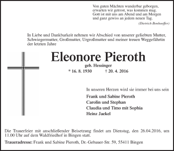 Traueranzeige von Eleonore Pieroth von  Wiesbaden komplett