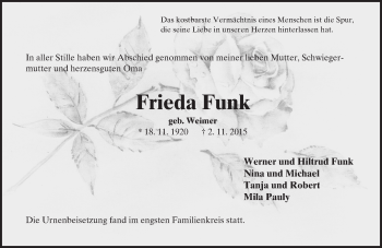 Traueranzeige von Frieda Funk von  Wormser Zeitung