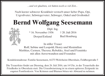 Traueranzeige von Bernd Wolfgang Seesemann von  Usinger Anzeiger