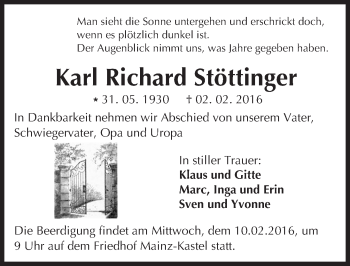 Traueranzeige von Karl Richard Stöttinger von  Allgemeine Zeitung Mainz
