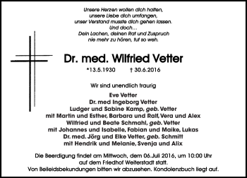 Traueranzeige von Wilfried Vetter von Trauerportal Echo Online