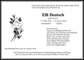 Traueranzeige von Elfi Deutsch von  Gießener Anzeiger