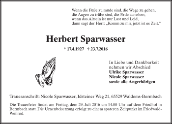 Traueranzeige von Herbert Sparwasser von Trauerportal Rhein Main Presse