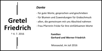 Traueranzeige von Gretel Friedrich von Trauerportal Echo Online