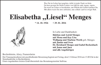 Traueranzeige von Elisabetha  Menges von  Allgemeine Zeitung Alzey