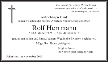 Traueranzeige von Rolf Herrmann von  Usinger Anzeiger