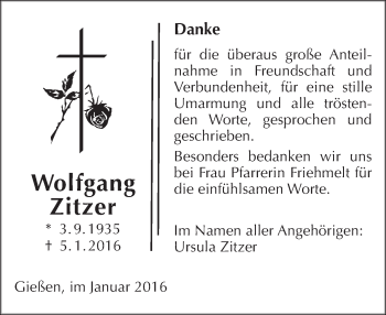 Traueranzeige von Wolfgang Zitzer von  Gießener Anzeiger