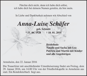 Traueranzeige von Anna-Luise Schäfer von  Allgemeine Zeitung Alzey