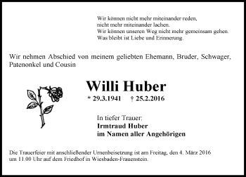 Traueranzeige von Willi Huber von  Wiesbaden komplett