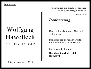 Traueranzeige von Wolfgang Hawelleck von VRM Trauer