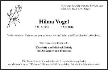 Traueranzeige von Hilma Vogel von  Hofheimer Zeitung