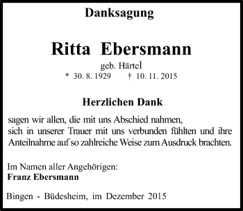 Traueranzeige von Ritta Ebersmann von  Allgemeine  Zeitung Ingelheim-Bingen
