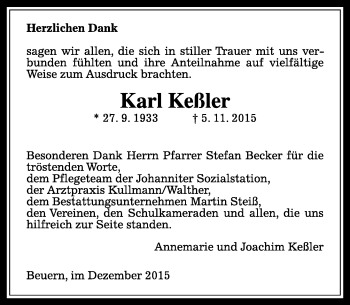 Traueranzeige von Karl Keßler von  Gießener Anzeiger