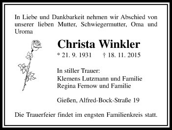 Traueranzeige von Christa Winkler von  Gießener Anzeiger