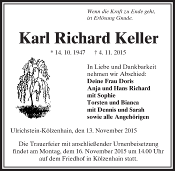 Traueranzeige von Karl Richard Keller von VRM Trauer