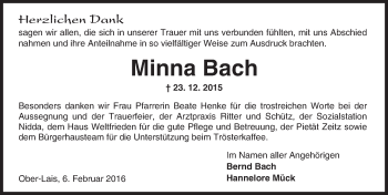 Traueranzeige von Minna Bach von  Sonntags Anzeiger