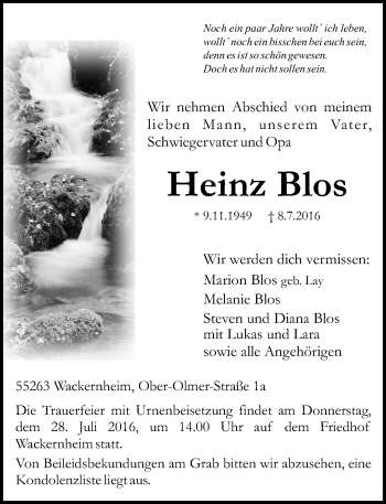 Traueranzeige von Heinz Blos von Trauerportal Rhein Main Presse