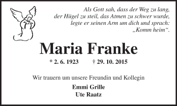 Traueranzeige von Maria Franke von  Allgemeine Zeitung Mainz