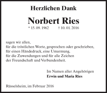 Traueranzeige von Norbert Ries von  Mainspitze Traueranzeige von Norbert Ries von  Mainspitze