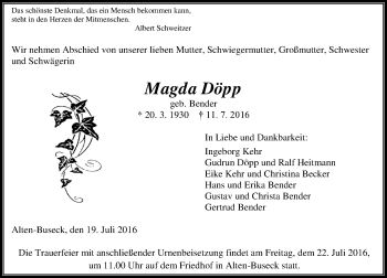 Traueranzeige von Magda Döpp von  Gießener Anzeiger