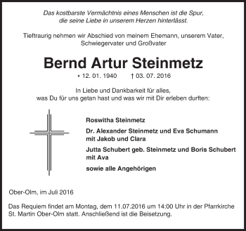 Traueranzeige von Bernd Artur Steinmetz von Trauerportal Rhein Main Presse