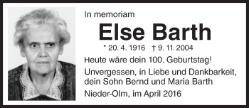 Traueranzeige von Else Barth von  Allgemeine Zeitung Mainz