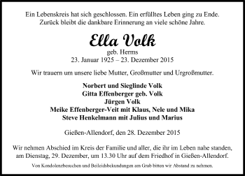 Traueranzeige von Ella Volk von  Gießener Anzeiger