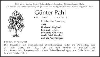 Traueranzeige von Günter Pahl von  Kreisanzeiger