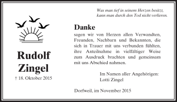 Traueranzeige von Rudolf Zingel von  Usinger Anzeiger