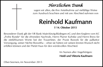 Traueranzeige von Reinhold Kaufmann von  Sonntags Anzeiger