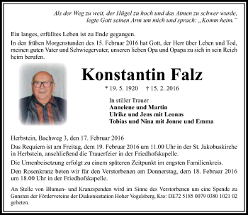 Traueranzeige von Konstantin Falz von VRM Trauer