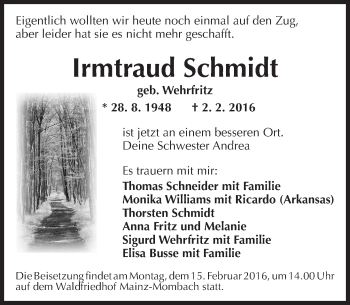 Traueranzeige von Irmtraud Schmidt von  Allgemeine Zeitung Mainz