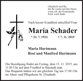 Traueranzeige von Maria Schader von  Bürstädter Zeitung