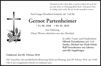 Traueranzeige von Gernot Partenheimer von  Allgemeine  Zeitung Ingelheim-Bingen