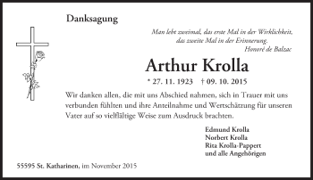 Traueranzeige von Arthur Krolla von  Allg. Zeitung Bad Kreuznach