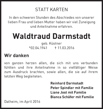 Traueranzeige von Waldtraud Darmstadt von  Landskrone