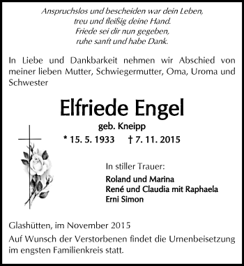 Traueranzeige von Elfriede Engel von  Kreisanzeiger