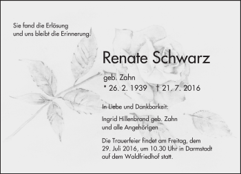 Traueranzeige von Renate Schwarz von Trauerportal Echo Online