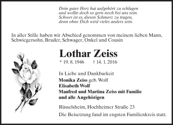 Traueranzeige von Lothar Zeiss von  Mainspitze Traueranzeige von Lothar Zeiss von  Mainspitze