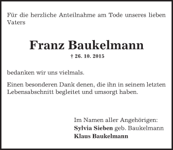 Traueranzeige von Franz Baukelmann von  Allgemeine Zeitung Mainz