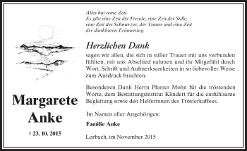 Traueranzeige von Margarete Anke von  Sonntags Anzeiger