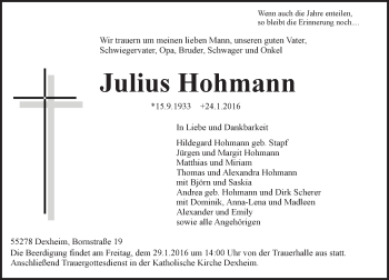 Traueranzeige von Julius Hohmann von  Allgemeine Zeitung Mainz