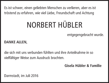Traueranzeige von Norbert Hübler von Trauerportal Echo Online